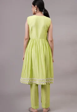 Embroidered Muslin Silk Aline Suit in Olive Green