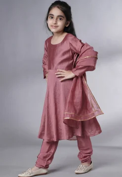 Embroidered Muslin Silk A Line Suit in Old Rose