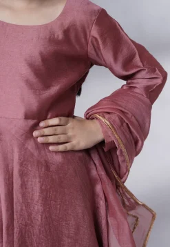 Embroidered Muslin Silk A Line Suit in Old Rose