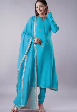 Embroidered Muslin Silk Aline Suit in Sky Blue
