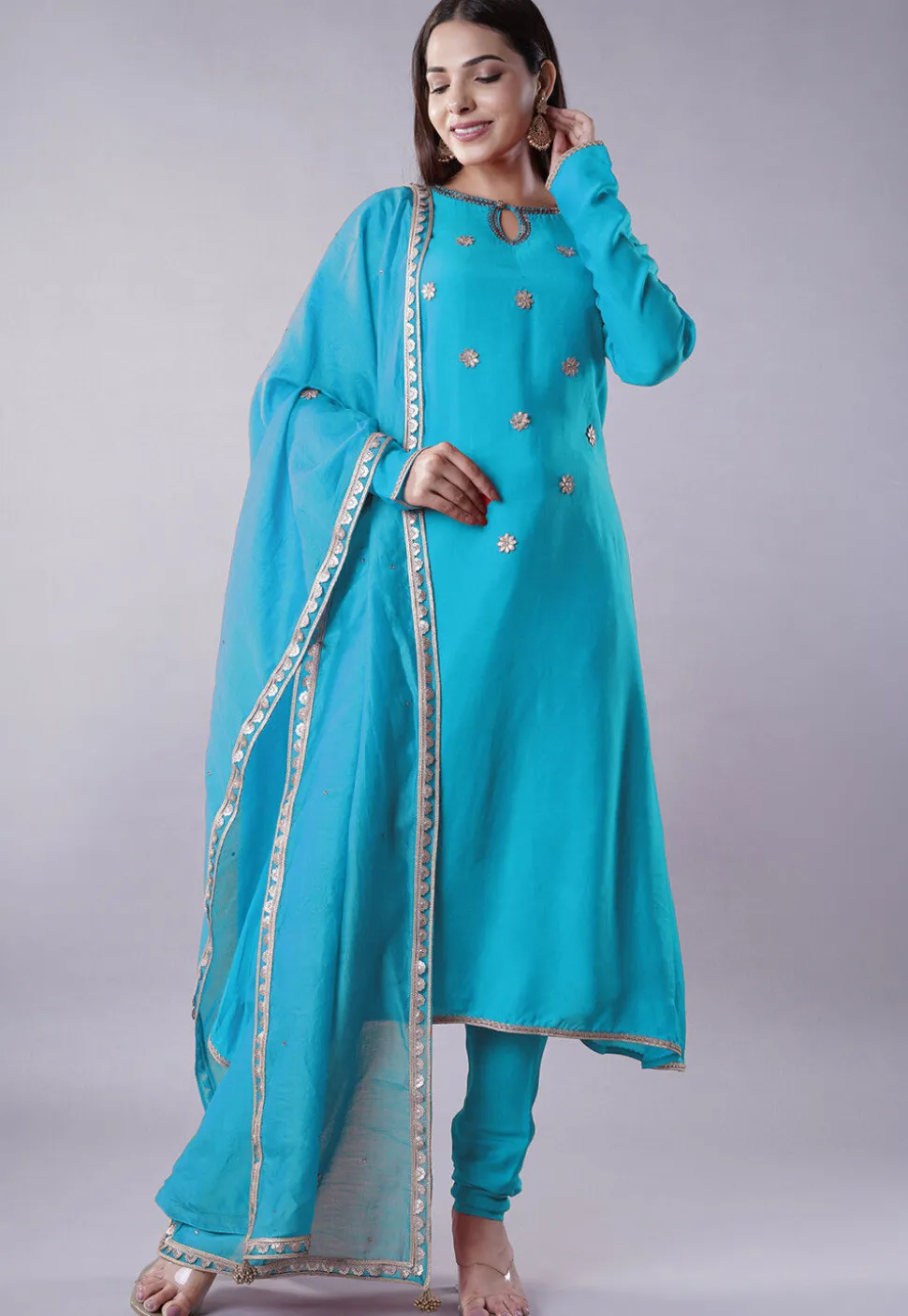 Embroidered Muslin Silk Aline Suit in Sky Blue
