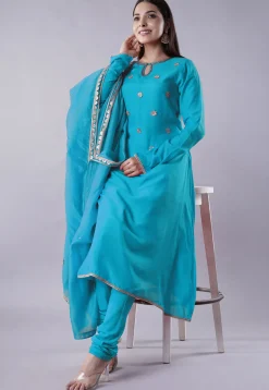 Embroidered Muslin Silk Aline Suit in Sky Blue