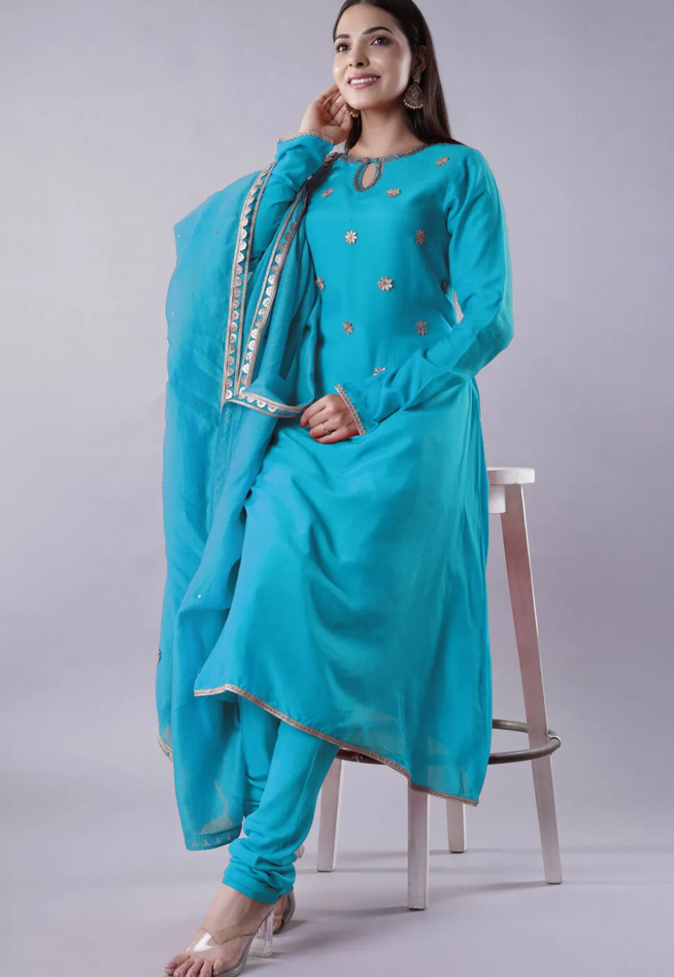 Embroidered Muslin Silk Aline Suit in Sky Blue