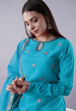 Embroidered Muslin Silk Aline Suit in Sky Blue