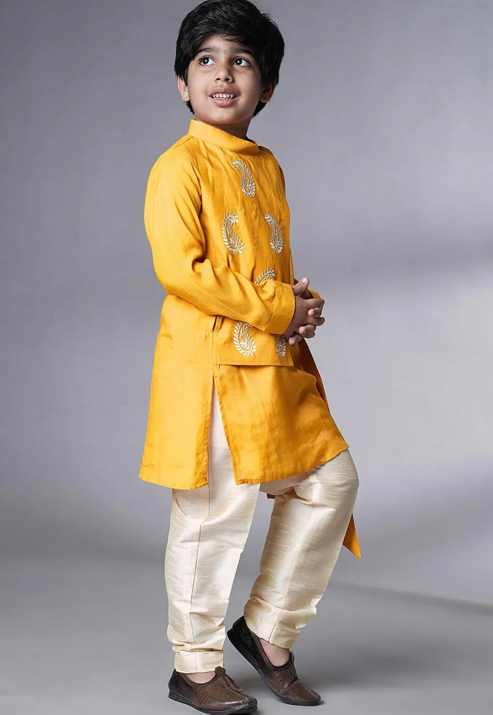 Embroidered Muslin Silk Asymmetric Kurta Set in Yellow