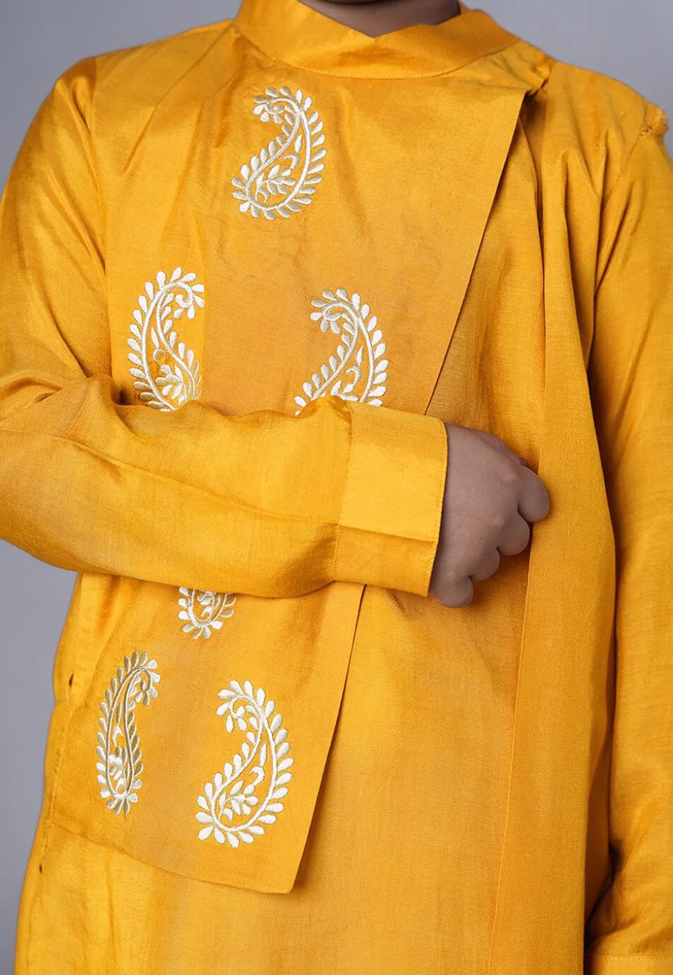 Embroidered Muslin Silk Asymmetric Kurta Set in Yellow