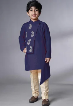 Embroidered Muslin Silk Asymmetric Kurta Set in Navy Blue