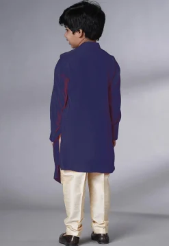 Embroidered Muslin Silk Asymmetric Kurta Set in Navy Blue