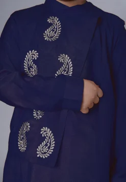 Embroidered Muslin Silk Asymmetric Kurta Set in Navy Blue
