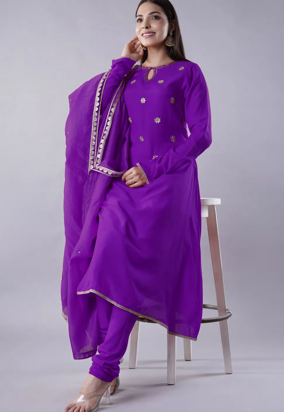 Embroidered Muslin Silk Aline Suit in Purple