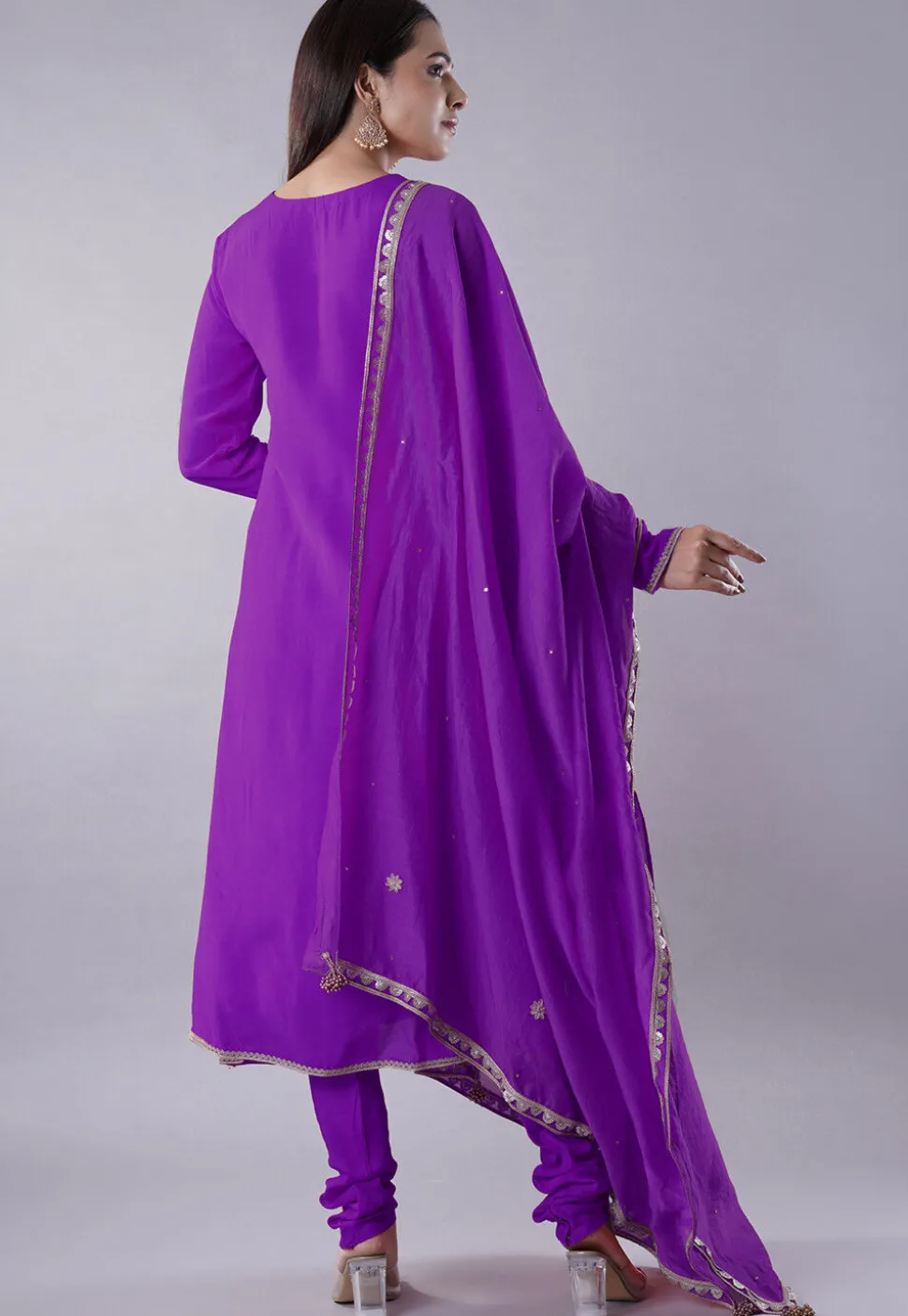 Embroidered Muslin Silk Aline Suit in Purple
