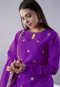 Embroidered Muslin Silk Aline Suit in Purple