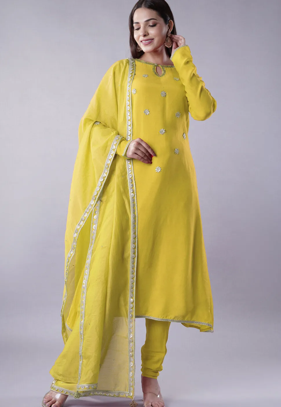 Embroidered Muslin Silk Aline Suit in Yellow