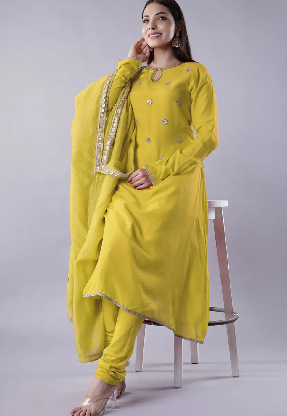 Embroidered Muslin Silk Aline Suit in Yellow