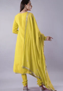 Embroidered Muslin Silk Aline Suit in Yellow