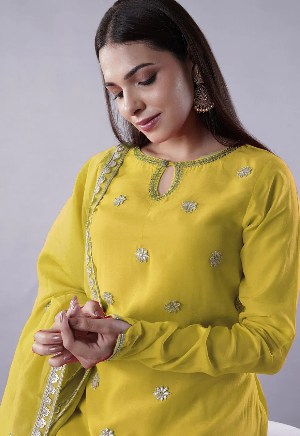 Embroidered Muslin Silk Aline Suit in Yellow