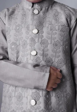 Embroidered Muslin Silk Kurta Set in Grey