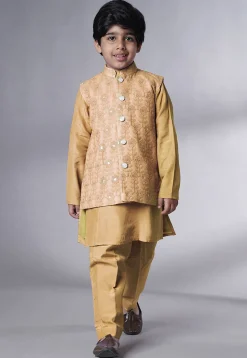 Embroidered Muslin Silk Kurta Set in Beige