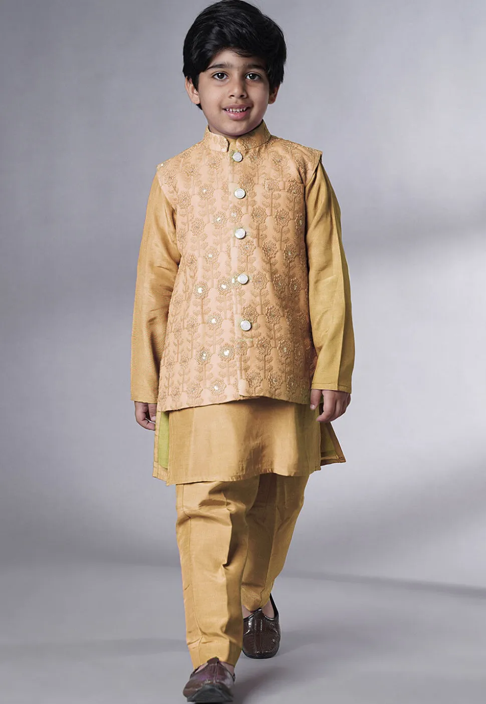 Embroidered Muslin Silk Kurta Set in Beige