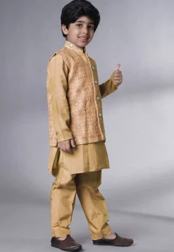Embroidered Muslin Silk Kurta Set in Beige