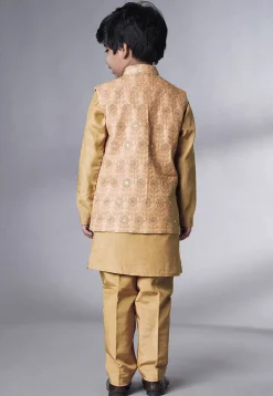 Embroidered Muslin Silk Kurta Set in Beige