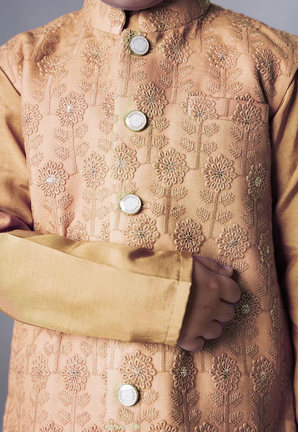 Embroidered Muslin Silk Kurta Set in Beige