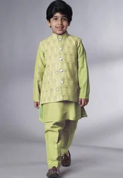 Embroidered Muslin Silk Kurta Set in Olive Green
