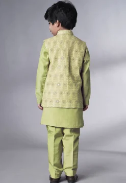 Embroidered Muslin Silk Kurta Set in Olive Green