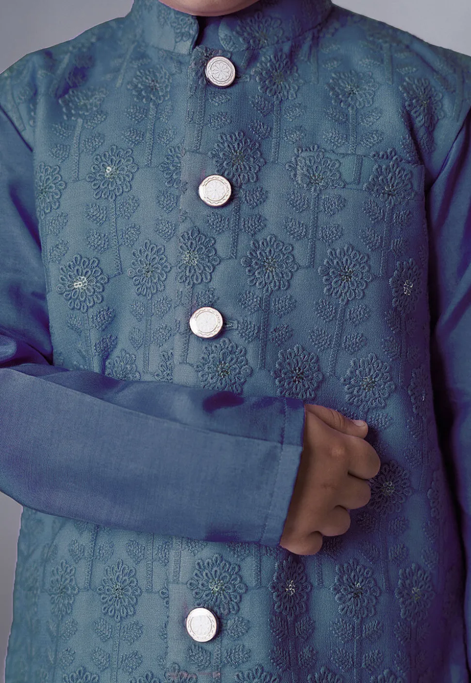 Embroidered Muslin Silk Kurta Set in Teal Blue