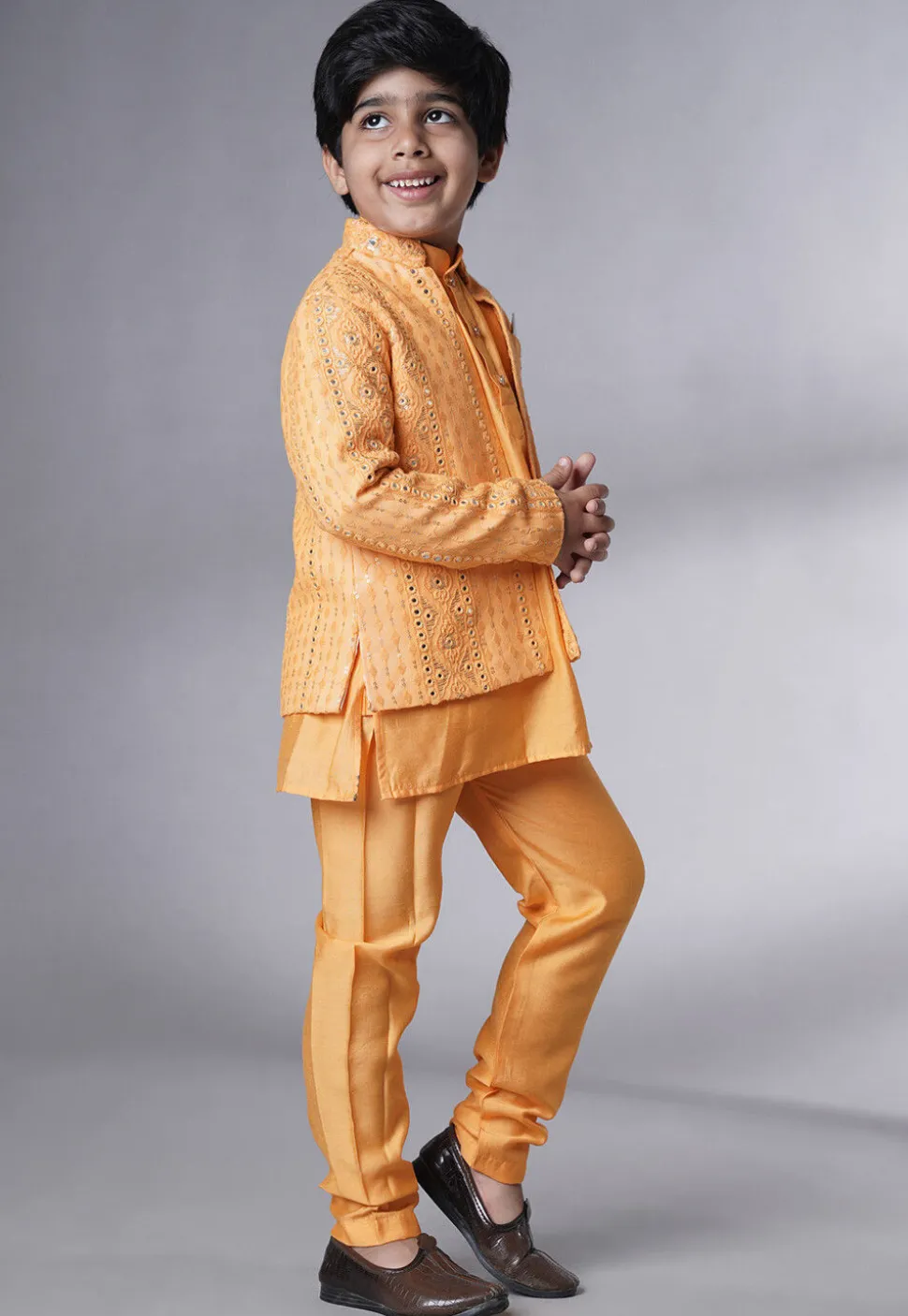 Embroidered Muslin Silk Kurta Set in Mustard