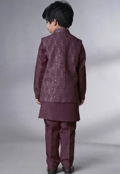 Embroidered Muslin Silk Kurta Set in Wine
