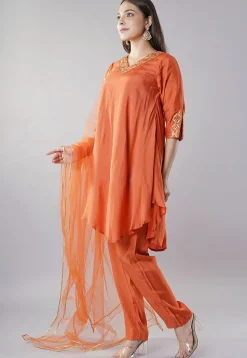 Embroidered Muslin Silk Pakistani  Suit in Rust