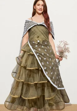 Embroidered Muslin Silk Ruffled Gown in Olive Green