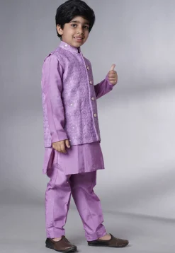 Embroidered Muslin Silk Sherwani Set in Light Purple