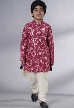 Embroidered Muslin Silk Sherwani Set in Magenta