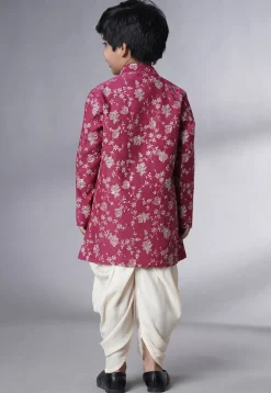 Embroidered Muslin Silk Sherwani Set in Magenta