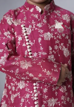 Embroidered Muslin Silk Sherwani Set in Magenta
