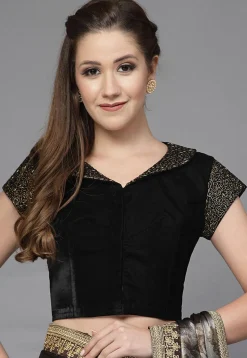 Embroidered Neck Velvet Blouse in Black