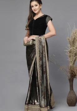 Embroidered Neck Velvet Blouse in Black