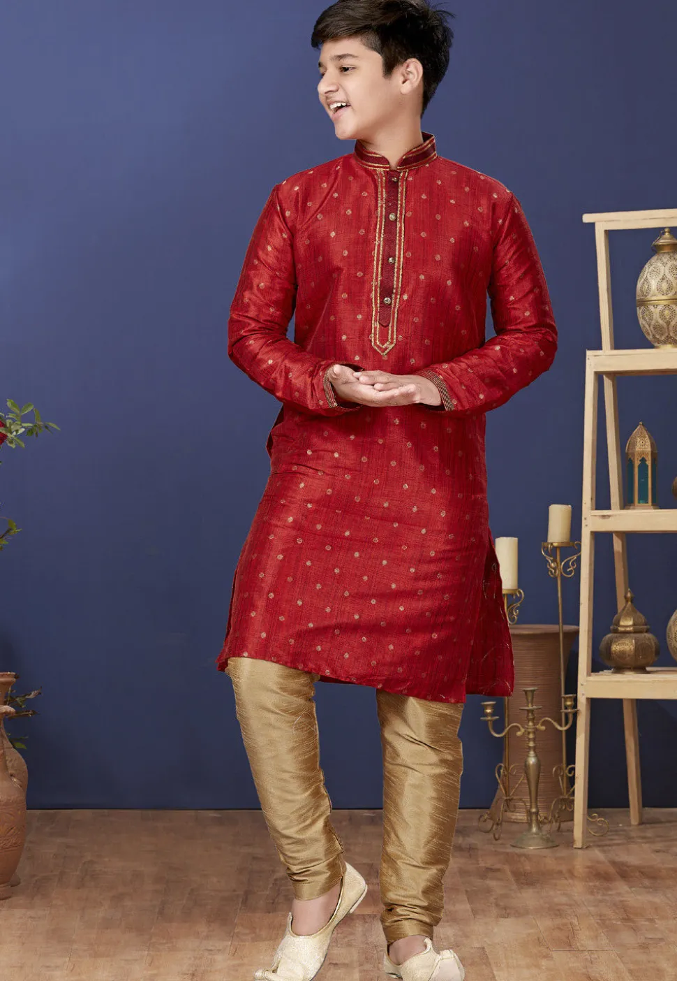Embroidered Neckline Art Silk Jacquard Kurta Set in Red