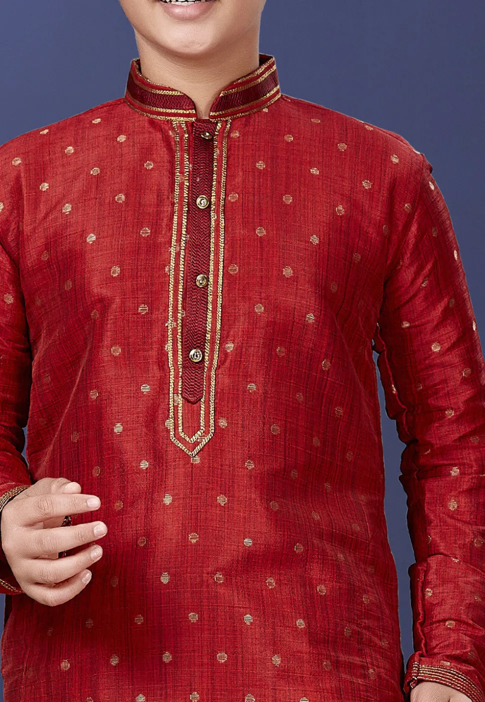 Embroidered Neckline Art Silk Jacquard Kurta Set in Red