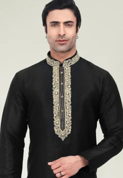 Embroidered Neckline Art Silk Kurta Set in Black