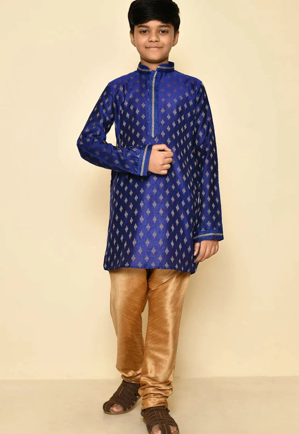 Embroidered Neckline Art Silk Jacquard Kurta Set in Navy Blue