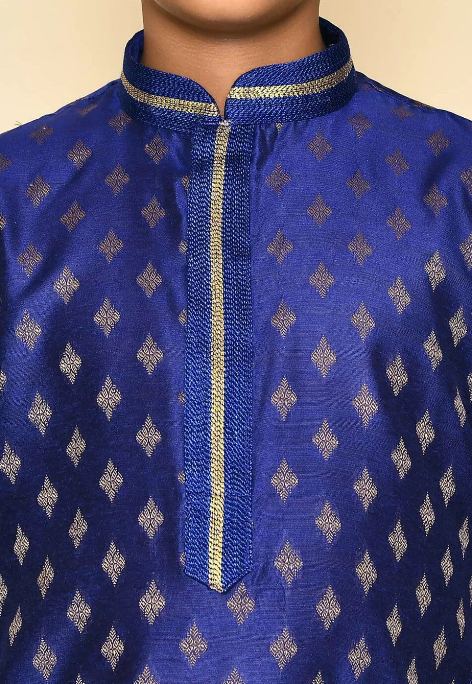 Embroidered Neckline Art Silk Jacquard Kurta Set in Navy Blue