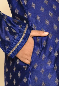 Embroidered Neckline Art Silk Jacquard Kurta Set in Navy Blue