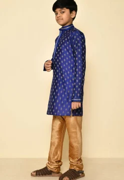 Embroidered Neckline Art Silk Jacquard Kurta Set in Navy Blue