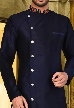 Embroidered Neckline Art Silk Dhoti Kurta in Navy Blue