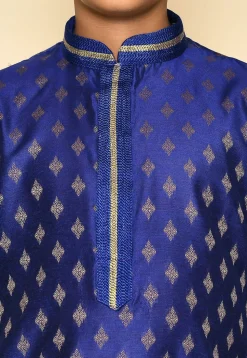 Embroidered Neckline Art Silk Jacquard Kurta in Navy Blue