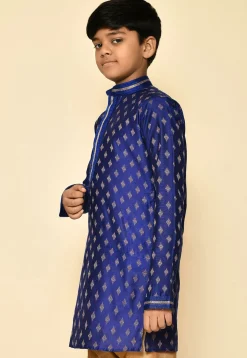 Embroidered Neckline Art Silk Jacquard Kurta in Navy Blue