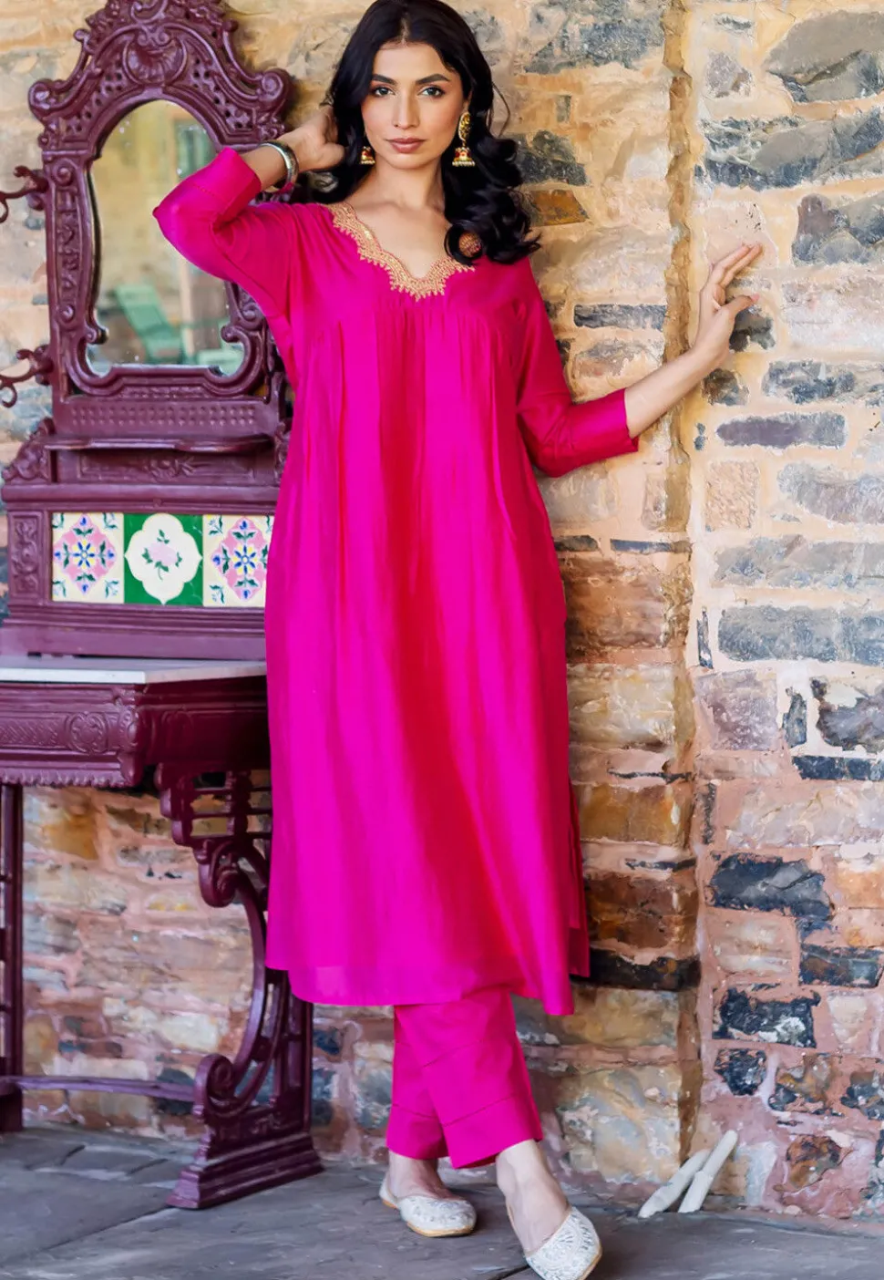 Embroidered Neckline Chanderi Straight Kurta Set in Fuchsia